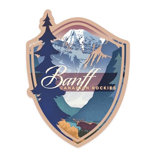 Lantern Press Sticker Banff, Canada, Canadian Rockies, Mountain Scene, Lithograph, Die Cut Vinyl, (Waterproof Decal for Cars, Water Bottles, Laptops, Coolers), Small