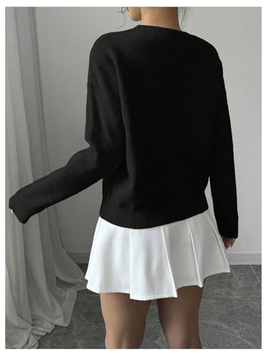 Image of RoseSeek Women's 3D Floral Appliques Crewneck Sweaters Long Sleeve Drop Shoulder Pullovers Elegant Knit Tops
