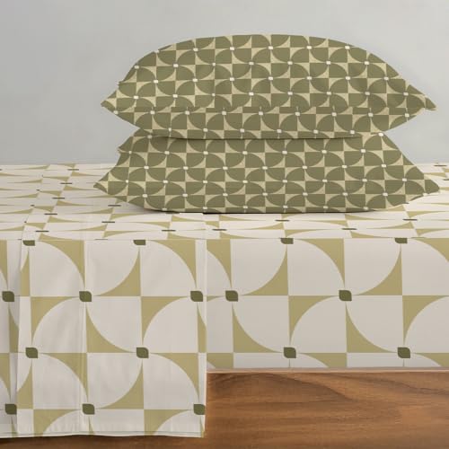 Image of Blue Dahlia 100% Cotton, King Size /Double, Elastic Fitted Bedsheet (72 inchx78 inch) + 2 Pillow Covers, Silky Smooth Feel, Fits Upto 10 inch Mattress, 150TC Printed Bedsheet, Beige & Green Print Pattern