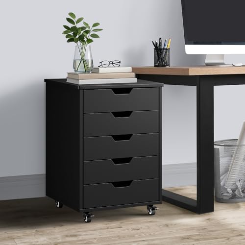 Oikiture Filling Cabinet with 5 Drawers Wooden Vertical File Cabinets 48 x 40 x 67cm Black