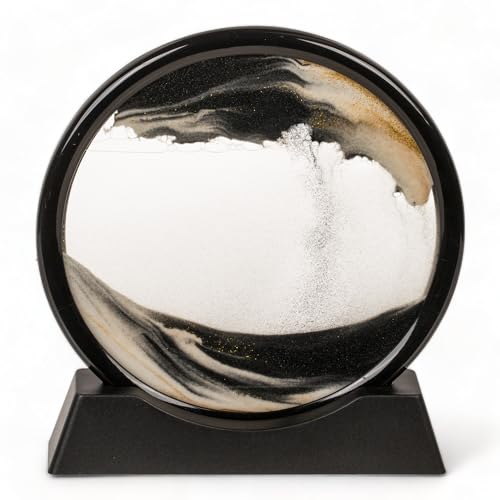 MIJOMA bewegliches Sandbild mit Sockel, dynamische Dekoration mit schwarz-weißem Sand & goldenen Glitzerpartikeln, Fließende Sandmalerei zum Drehen, Ø17,5cm x 1cm