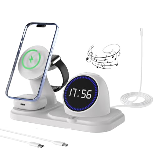 6 in 1Charger Stand Holder Wireless Charging Station with Clock & Color Ambient Light, Compatible with iPhone 17/16/15/14/13/12, Apple Watch and AirPods Multiple Devices, Comes with Speakers (White