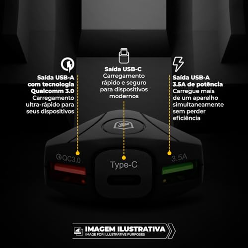 Gshield Carregador Veicular Turbo Tank 18W com 2 portas USB A + 1 Tipo C, Carregamento Rápido e Funç