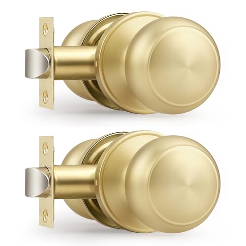 Probrico Brushed Brass Door Knobs for Hall Closet, Interior Door Knob with Round Ball, Gold Passage Door Knob, 2 Pack