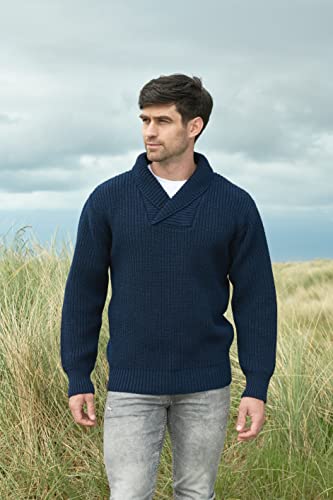 Aran Crafts Men's Merino Wool Shawl Rib Sweater #TOP24