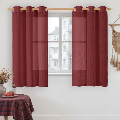 Image of LAMIT Red Sheer Linen Curtains 45 Inch Length, Linen Textured Light Filtering Panels Bronze Grommet Christmas Decor Drapes for Small Windows /Kitchen /Bedroom, 2 Panels Set, Burgundy Red, 34 x 45 Inch
