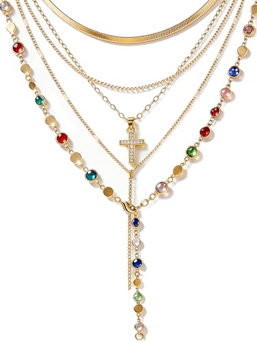 FAXHION 5PCS Gold Plated Cross Necklaces for Women, Pendant Stacked Layered Diamond Y Long Boho Jewelry Sets Adjustable Accessories Trendy Gifts for Women