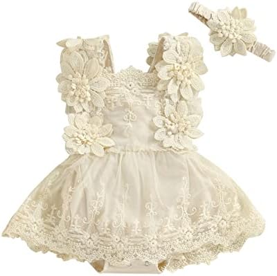 Newborn Baby Girl Lace Rompers Birthday Princess Dress Mesh Jumpsuits Tulle One-Piece Headband Summer Onesie