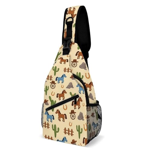 Fashion Traveling Running Casual Chest Bag, Dress Decor Sling Backpack, Shoulder Bag Casual Day Pack Western Cowboy Retro Horse Style
