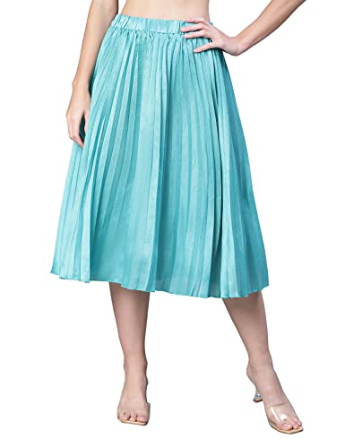 Image of oxolloxo Women Solid Blue Dupion Silk Pleated & Elasticated Skirt