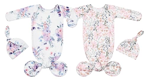 Image of Vollmic Newborn Baby Knotted Gown Sleeper Gown with Mittens Long Sleeve Nightgown Baby Coming Home Outfit with Hat 2 Pieces