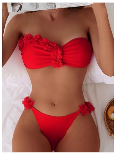 MakeMeChic Women's 3D Flower Bikini Set Strapless Bandeau Tie Back Thong Bathing Suit3