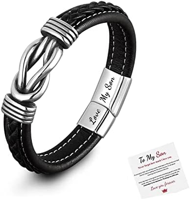 Mother and Son Forever Linked Together Braided Leather Bracelet， To My Son/Grandson Bracelets from Mom/Grandma Stainless Steel Interlocking Wristband Son Graduation Inspirational Birthday Jewelry Gift with Card Box