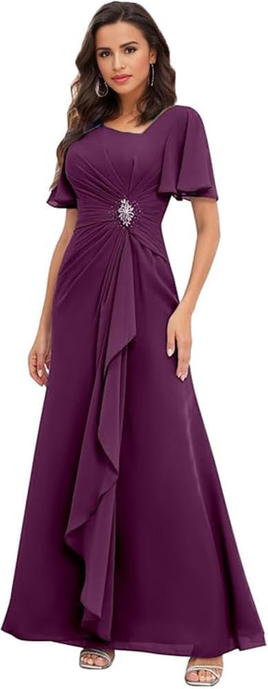 Long Mother of The Bride Dresses with Sleeves V Neck Ruffles Beaded A Line Chiffon Formal Wedding Guest Dress
