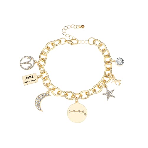 Personalization Collection Gold Plated Zodiac Constellation Symbol, Name Plate, Moon, Constellation, Star, and Stone Charm Chain Bracelet for Women (Gold Plated - Aries)