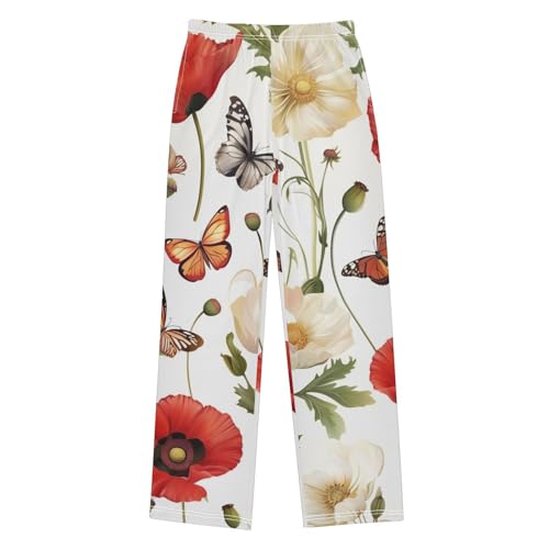 Poppy Flowers Butterfly Boys Long Pants Soft Trousers Elastic Waist Kids Lounge Bottoms with Pockets S-XL