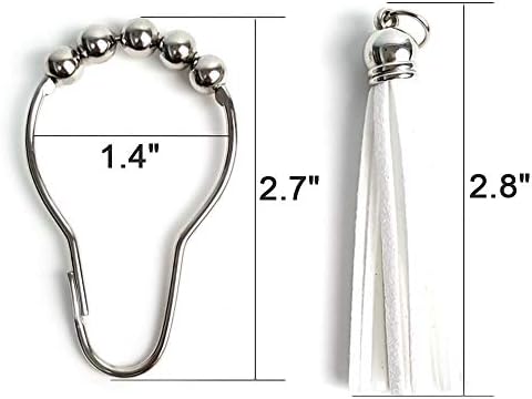 Decorative Shower Curtain Hooks Rings, 12 PCS 304 Stainless Steel Shower Curtain Rings with Tassel for Bathroom Shower Rods Curtains Home Decorations, White