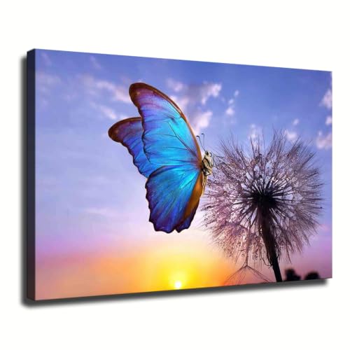 Tidaofgd Blue Butterfly Dandelion Canvas Art (Wrapped Canvas,16x24inch)