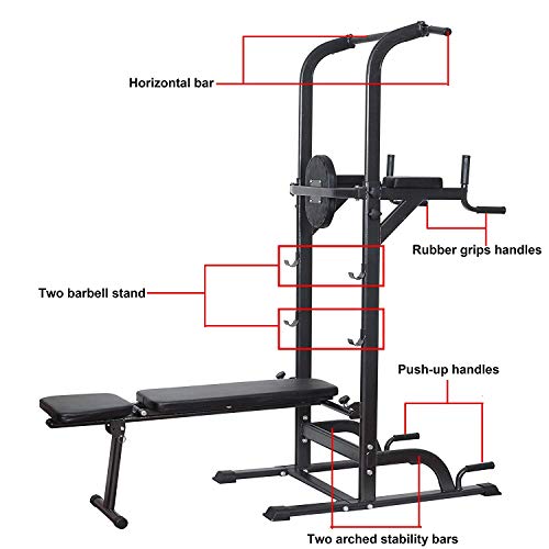 Power Tower Dip Station High Capacity 800lbs w/Weight Sit Up Bench Adjustable Height Heavy Duty Steel Multi-Function Fitness Pull Up Chin Up Tower Equipment for Home Office Gym Dip Stands(White)