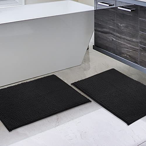 Psbp Beauty Black Bathroom Rugs Set 2 Piece,Washable Non Slip Bath Mat Rugs For Bathroom,Extra Soft And Absorbent Fluffy Striped Chenille Bathroom Accessories (30" X 20" Plus 17" X 24", Black) #TOP1