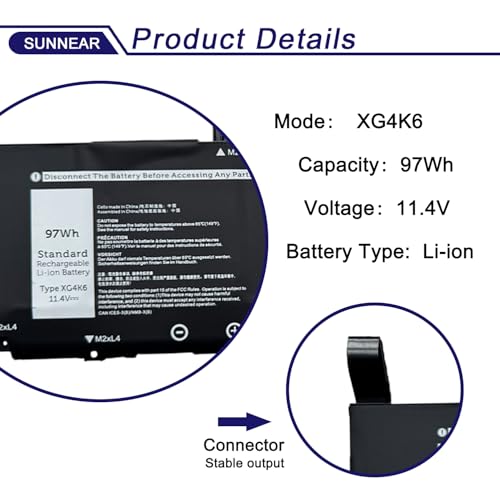 Image of 6-Cell 97Wh XG4K6 Laptop Battery for Dell XPS 17 9700 9710 9720 9730 Precision 5750 5760 5770 Series Laptop P92F P92F001 P92F002 P92F003 01RR3 001RR3 F8CPG KVPMY 0YY3V KRDHV 11.4V 8071mAh