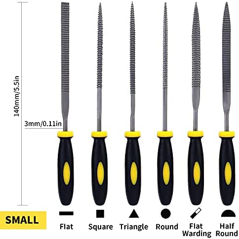 Needle Files Set, 6 Pcs Mini Carbon Steel File Kit with Handle, Including Flat/Flat Warding/Half Round/Square/Round/Triangle, Suitable for Metal, Wood, Glass, Plastics (Small)