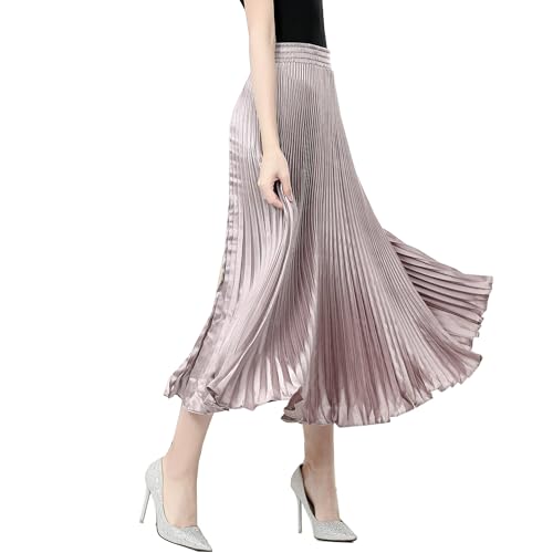 Women's Satin Metallic Elastic Waist Midi Skirt Flowy Accordion A Line Long Skirt