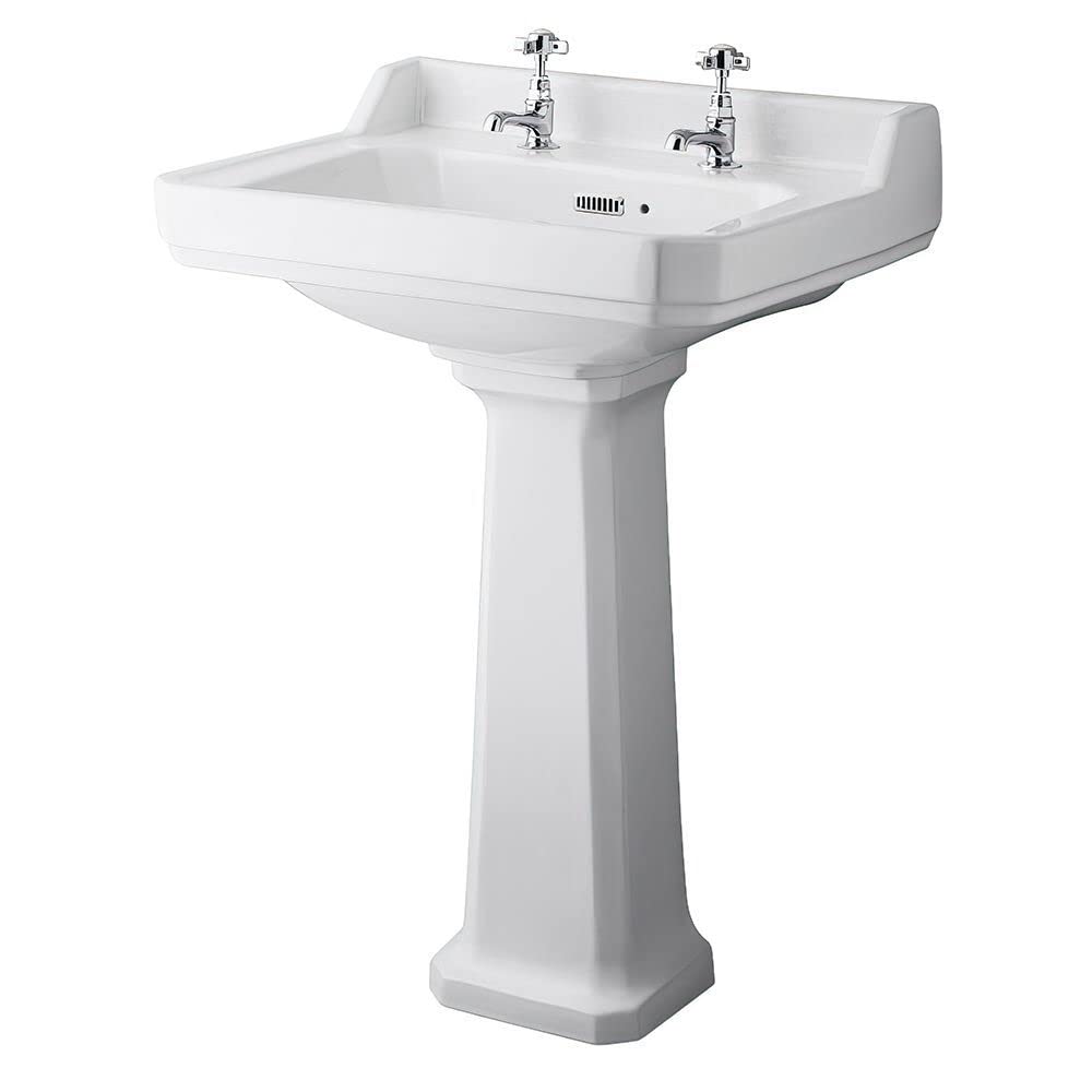 Milano White Richmond Comfort Height Full Pedestal 2 Tap Hole Bathroom Basin Sink - 595Mm X 470Mm