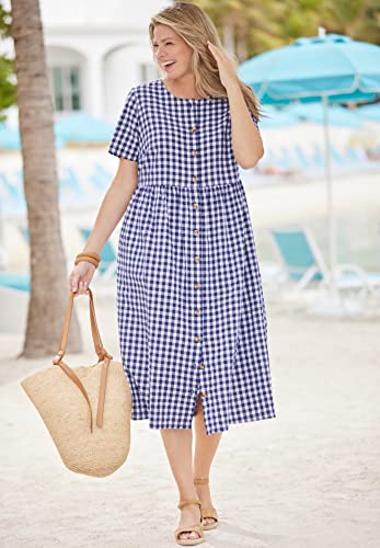 Woman Within Women's Plus Size Short-Sleeve Seersucker Dress - 14 W, Caribbean Blue Picnic Plaid #TOP4