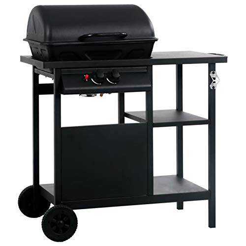 IKAYAA Barbacoa a Gas Acero Inoxidable con 2 Quemadores, Barbacoa Portatil, Rejilla de Acero Inoxidable - Barbacoa con Ruedas, Mesita auxiliares Negro 92 x 53 x 96 cm