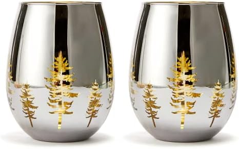 Crystal Tree Wine & Water Stemless Glasses - Set of 2 - Gold Themed Vibrant Etched Winter Snow Wonderland Frosted Glass, Perfect for Seasonal Parties, Gifts for Him & Her Trees