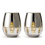 Crystal Christmas Tree Stemless Wine & Water Glasses - Set of 2 - Holiday Themed Vibrant Gold Etched Winter Snow Wonderland Frosted Glass, Perfect For Seasonal Parties, Gifts for Him & Her Trees Décor
