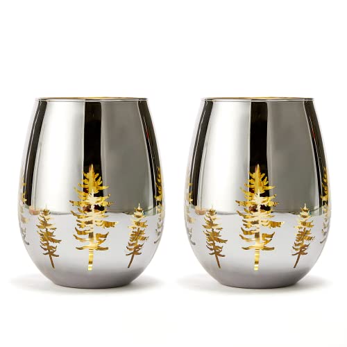 Crystal Tree Wine & Water Stemless Glasses - Set Of 2 - Gold Themed Vibrant Etched Winter Snow Wonderland Frosted Glass, Perfect For Seasonal Parties, Gifts For Him & Her Trees #TOP3