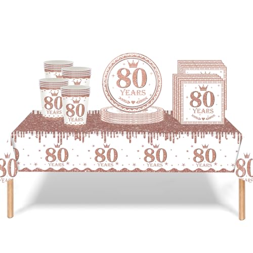 53Pcs Rose Gold 80th Birthday Party Tableware Decorations - Table Cloth, Plates, Napkins, Cups Sets for Her Women's 80th Birthday Gifts Dinnerware Supplies