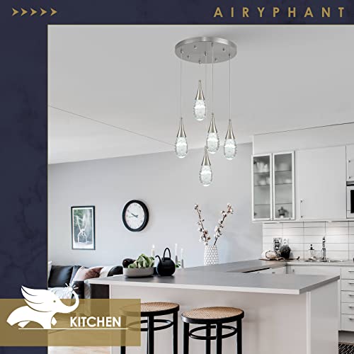 Airyphant 5 Lights Led Pendant Lighting, 25W Nickel Dimmable Teardrop Crystal Cluster Pendant Lighting For Dining Room Entry Bathroom Staircase #TOP3
