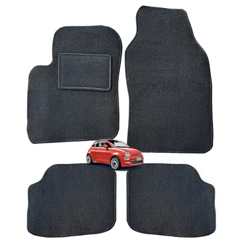 Rebeca Shop® Tappetini Auto nero compatibili per 500 dal 2007 anche Hybrid/Kit di Tappeti in Moquette su Misura (Set 2 Anteriori + 2 Posteriori) Ricamo logo 500 (Senza Logo)