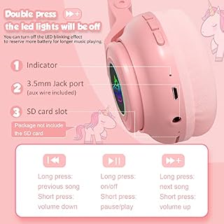 JYPS Casque Audio Enfant Bluetooth Unicorn, Casque sans Fil/Filaire pour Enfants avec lumières LED, Casque Audio Enfant… – Image 3