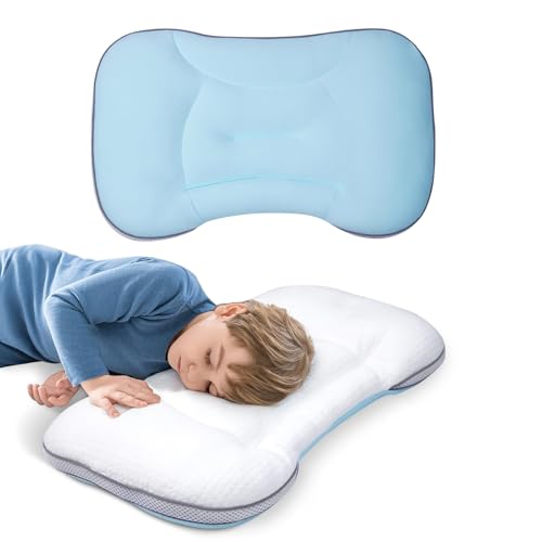 Image of Neck Support Toddler Pillow 12x20 Inch, Dual-Sided Cooling & Soft Pillow, Breathable Ice Silk and Cotton Blend, 2 Height Ergonomic Design, Machine Washable (Blue)