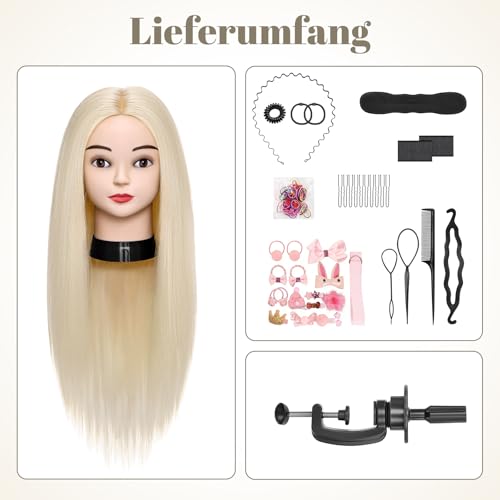 TwoWin Trainingsköpfe 80% Echtes Haar Blond Kosmetologie Puppe Kopf Friseur Training Modell Mannequin Kopf mit Halterung, DIY Haar Zubehör Styling, Geeignet zum Glätten, Locken, Dauerwelle