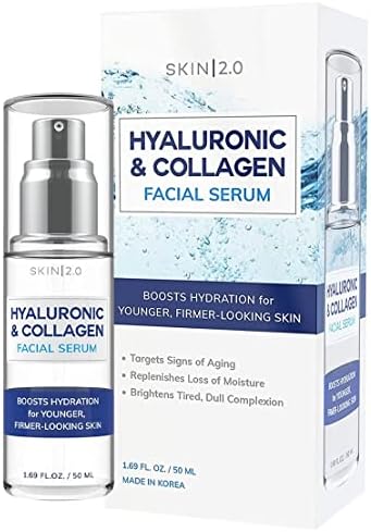 Skin 2.0 Hyaluronic Acid and Collagen Face Serum - Locks in Moisture, Skin Firming & Tightening, Anti-aging, Hydrating Facial Serum - Cruelty Free Korean Skincare For All Skin Types - 1.69 Fl. oz