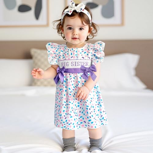 Toddler Girl Dress Flutter Ruffle Sleeve Big Sister Embroidery Smocked Dress with Bows Kids Summer Boho Swing Sundress2