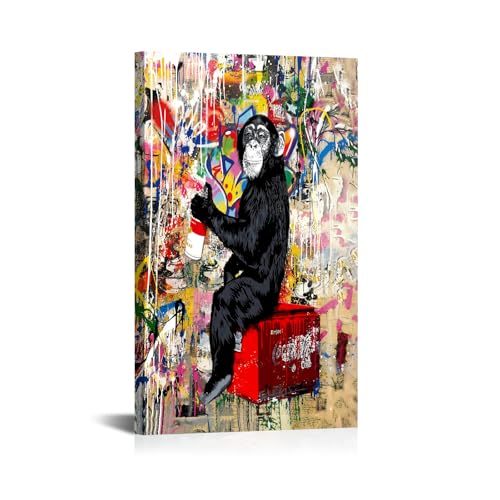 DNDXXUU 16"x24" Stretched Wall Art with Solid Wood Inner Frame, Graffiti Chimpanzee Print, Colorful Pop Art Street Style Animal Decor, Ready to Hang for Entryway Game Room Man Cave