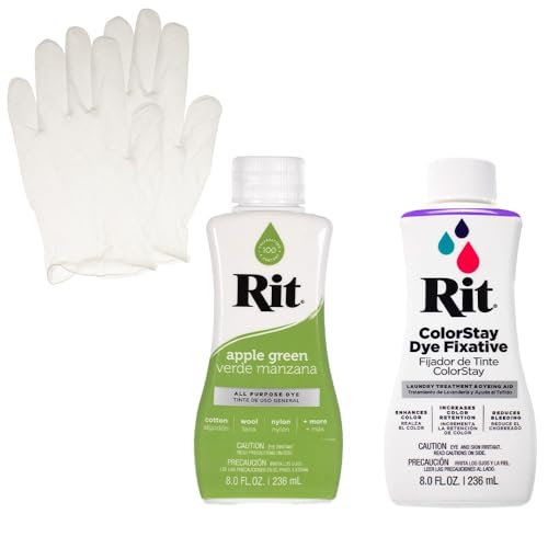 Rit Liquid Dye with ColorStay Fixative Bundle – All in One Kit with Gloves to Reduce Color Bleed (Apple Green)