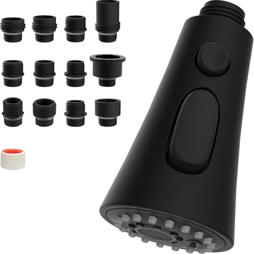 Hibbent 3-Function Pull Down Kitchen Faucet Head Replacement with 12 Adapters, NSF/ANSI/CAN 61 & CUPC Certified Sink Spray Nozzle, Compatible with Moen, Delta, Kohler Faucets, Polished Brass