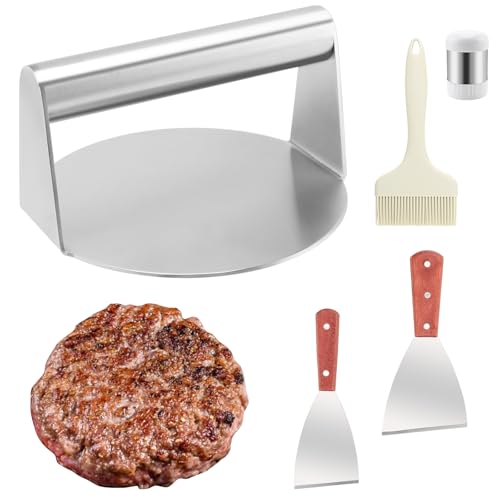 PINGEUI 5 PCS Smash Burger Press Set, 5.5 Inch Stainless Steel Round Meat Press with 2 Spatulas, Oil Brush and Spice Shaker, Smashed Burger Press Accessories Kit for BBQ, Grill, Steak, Bacon