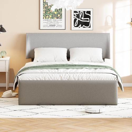 Full Size Sleigh Bed with Side-Tilt Hydraulic Storage System, Linen Upholstery, Gray - Thumbnail 4