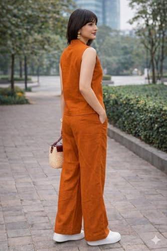 Image of Lyssa Yellow Ember Embroidered Co-Ord Set for Women, Sleeveless Vest with Wide-Leg Trousers