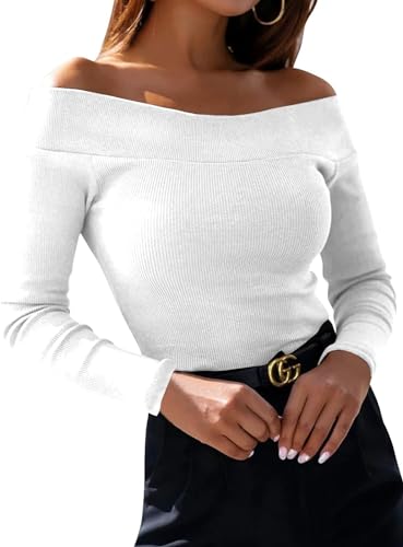 Fessceruna Damen Langarmshirt Sexy Schulterfreies Pullover Elegant Herbst Oberteile Casual Slim Fit(Weiß,M)