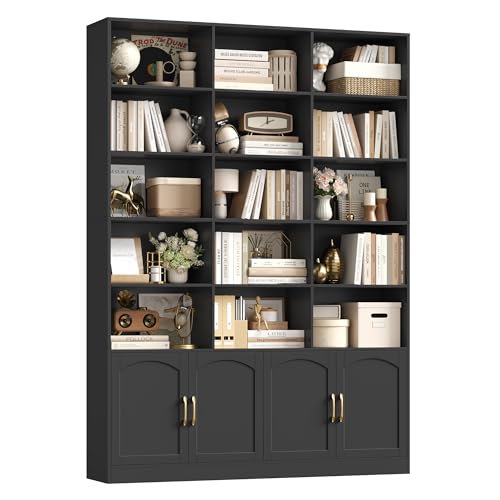 FirFurd 209 cm Bücherregal mit Türen Bücherschrank mit 15 Fächern Vitrinenschrank Hochschrank Holz Mehrzweckschrank groß für Wohnzimmer Arbeitszimmer Küche 150 x 23,7 x 209 cm Schwarz