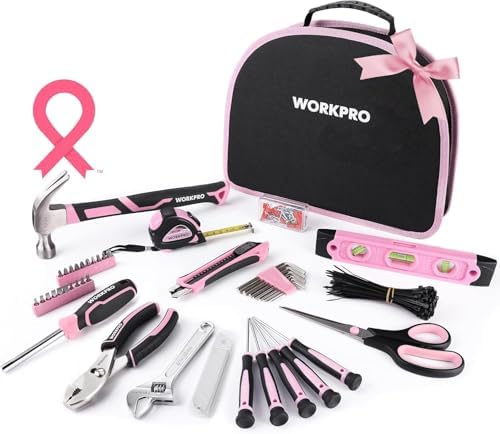WorkPro 103-Piece Pink Ladies Tool Kit – Women’s Hand Tool Set with Easy Carrying Round Pouch - Durable, Long Lasting Chrome Finish Tools - Perfect for DIY, Home Small Maintenance Jobs